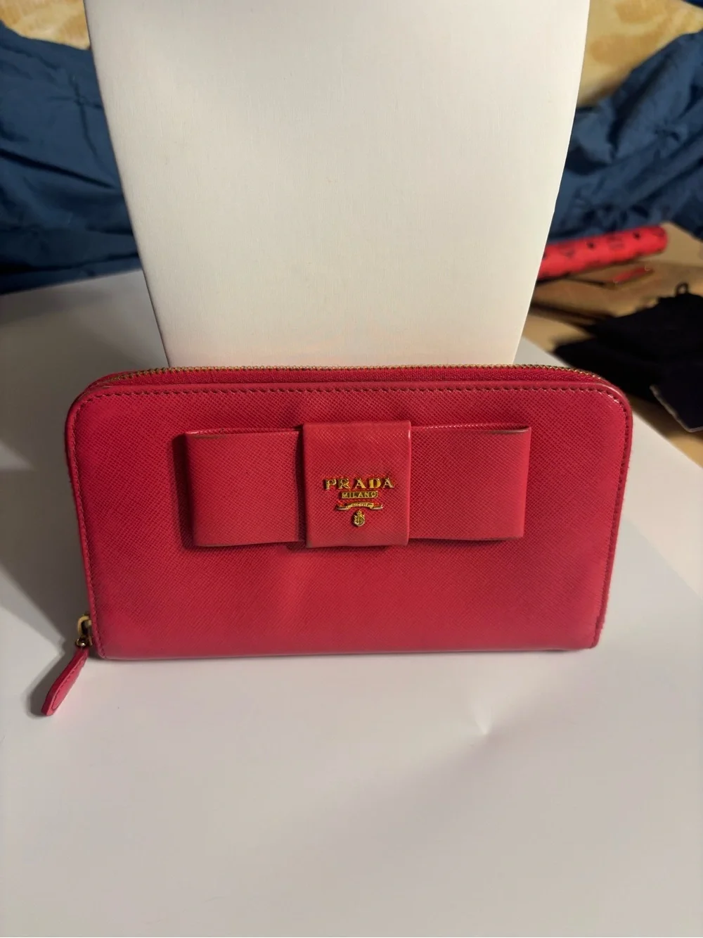 Prada reddish pink Saffiano Zip-Around Wallet with Bow Detail